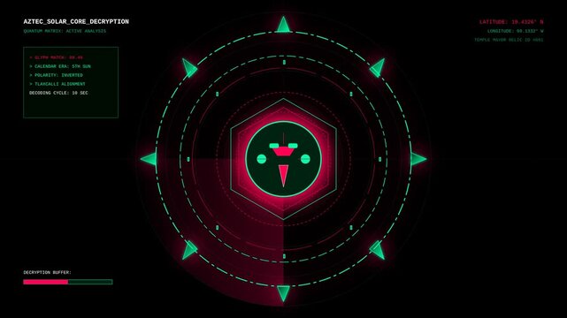 Futuristic Aztec Solar Core Decryption Interface HUD Motion Graphics Animation with Data Visualization