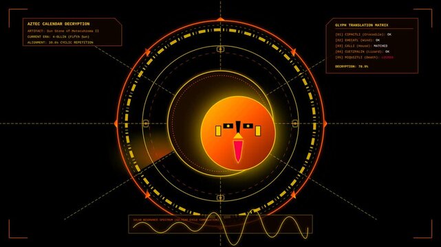 Futuristic Aztec Sun Stone Digital Interface Display with Rotating Radar Scanner and Data HUD
