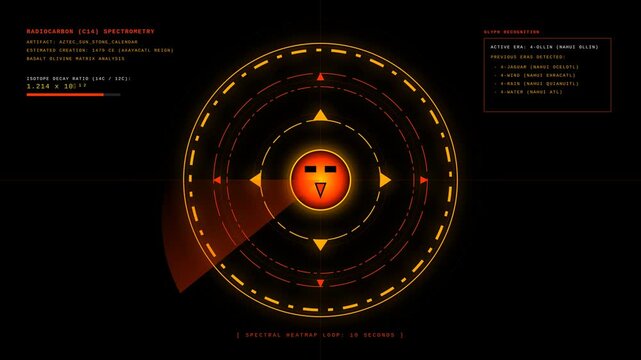 Futuristic Aztec Sun Calendar Digital HUD Display with Rotating Radar Scan and Data Analysis Interface