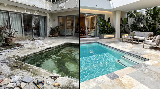 Comparison of a deteriorating backyard pool versus a renovated luxury pool area in modern home
