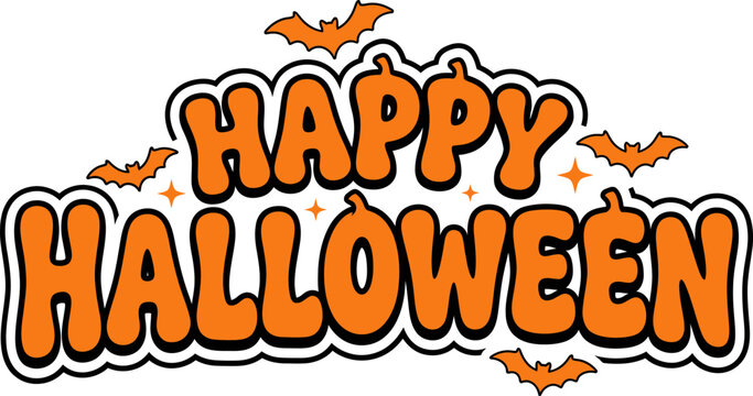 Happy halloween typography vector graphic illustration featuring bold orange bubble letters with spooky flying bats and decorative star design elements