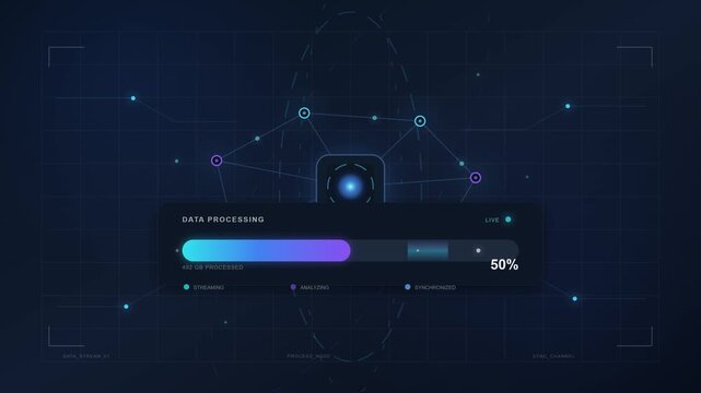 Futuristic data processing progress bar loading information on dark digital interface