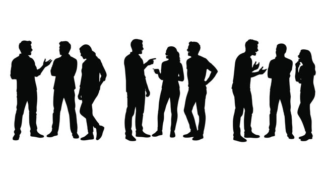 Black silhouette vector graphic set showing groups of people standing and talking together
