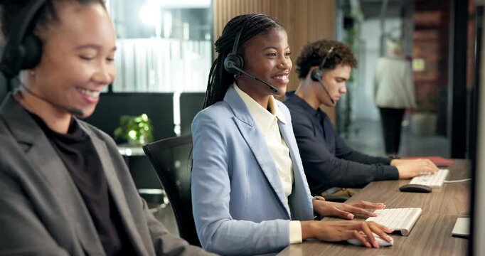 Call center, fist bump and business people in office for good news, crm or voip system training. Happy, celebration and technical support team in workplace with positive feedback, help desk or advice