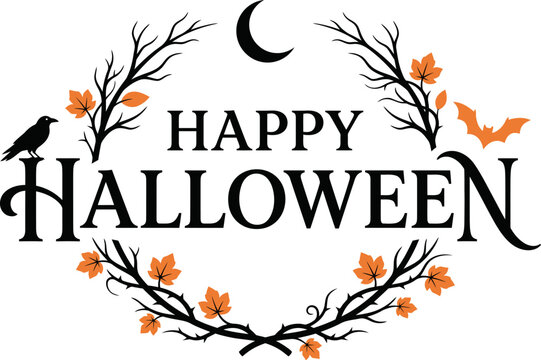 Happy Halloween vector graphic design featuring dark twisted branches orange autumn leaves a black raven and crescent moon silhouette elements