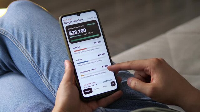 Homeowner reviews a renovation budget on a smartphone, tracking materials, labor and contingency costs while optimizing spending and keeping the project within target.