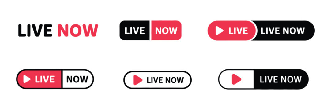 Live Now button collection featuring streaming interface elements, modern broadcast badges, media play buttons, and online broadcast icons
