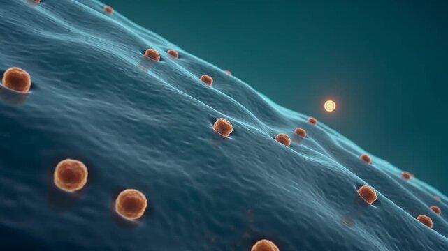 Microscopic cell surface with receptor particles, one glowing and activating