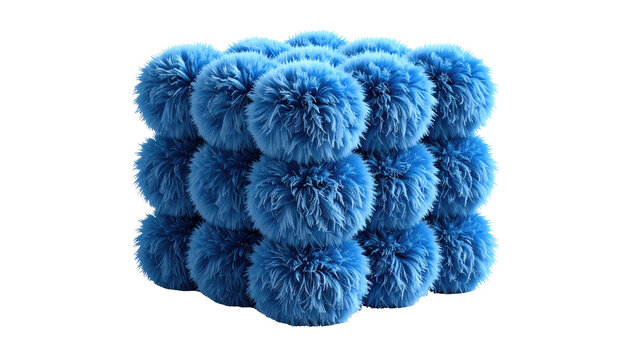 A cubical arrangement composed of twelve spherical fluffy, light-blue objects, against a black background