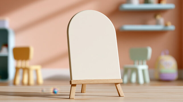 Blank arched preschool milestone sign mockup on a wooden easel in a warm peach classroom with soft pastel decor