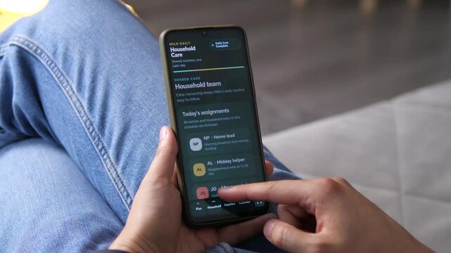 Person manages a shared pet care routine on a smartphone, tracking feeding, grooming and household assignments through a modern digital organizer for everyday animal care.