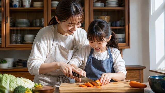 母と娘が台所でにんじんを切る 親子の食育と料理の時間