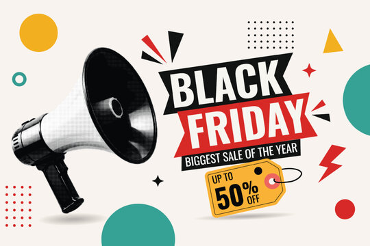 Halftone Collage with Megaphone and Black Friday Biggest Sale Typography. Up to 50 Percent Off Discount Tag Banner. Retail Promotion in Retro Pop Art Style with Bold Colors
