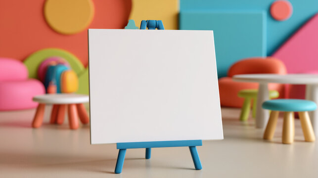 Blank white kindergarten board mockup on a blue easel in a colorful classroom with geometric decor and children furniture