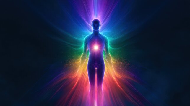 Human Energy Field and Glowing Chakra Aura Concept with Spiritual Healing and Wellness