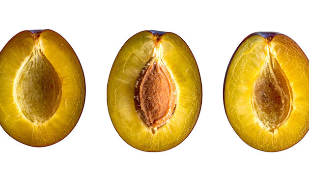 Three halves of a fruit, with yellow flesh and a central pit, are set against a pure black background, showcasing details