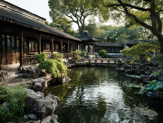 Naklejka premium Classical gardens of Suzhou with traditional pavilions, koi pond, elegant stone bridges, lush bamboo, ultra photorealistic, premium travel photography, no people