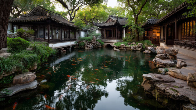 Classical gardens of Suzhou with traditional pavilions, koi pond, elegant stone bridges, lush bamboo, ultra photorealistic, premium travel photography, no people