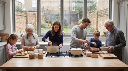 Fototapeta premium Multigenerational Family Cooking Meal Together in Kitchen