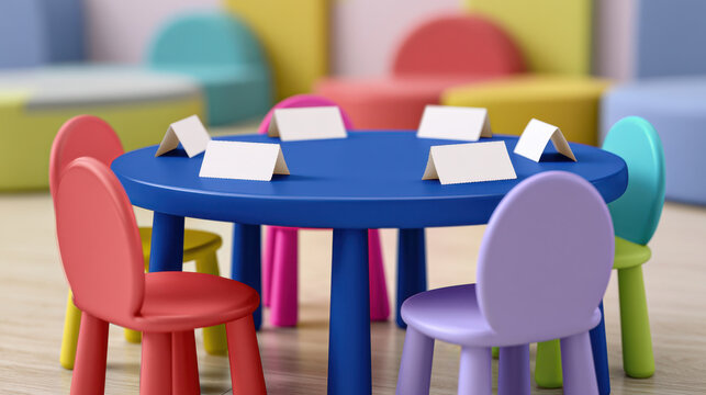 Bright classroom table with blank folded place cards surrounded by colorful preschool chairs