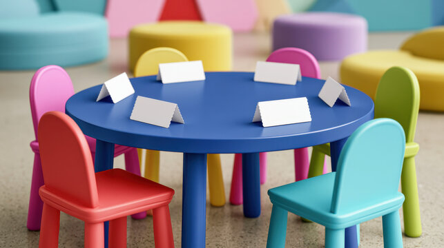 Colorful preschool classroom round table with blank folded name cards and bright child-sized chairs