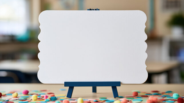 Blank decorative white classroom sign on blue easel with colorful confetti and pom poms