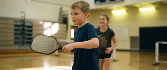 Fototapeta premium Focused young boy holds paddle during indoor pickleball practice with girl behind. Concept of junior coaching, sports education and active childhood.