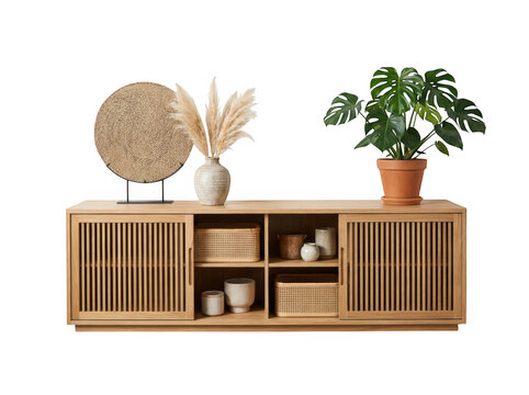Modern wooden sideboard with slatted sliding doors, decorative plants, and home accessories isolated on transparent background
