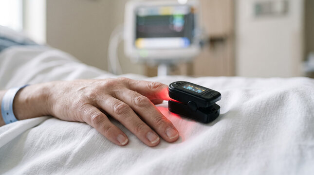 Pulse oximeter clipped on a patient finger resting on a white sheet