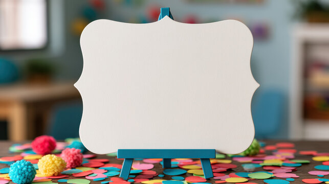 Blank decorative white school sign on blue easel with colorful confetti and pom poms in classroom
