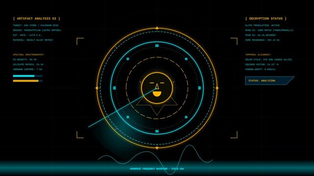 Futuristic Digital Interface Analyzing Ancient Aztec Sun Stone Artifact in Virtual HUD Environment