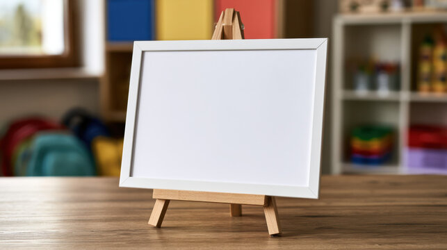 Blank white framed sign on wooden easel in a colorful kindergarten classroom with copy space for school message