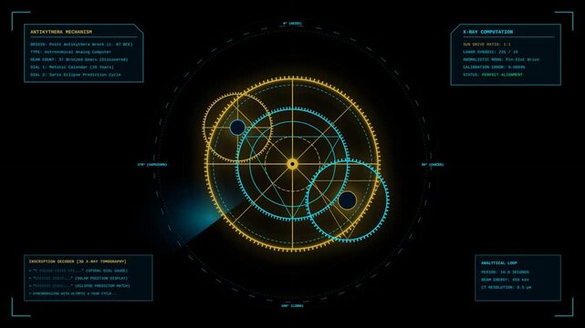 Futuristic Digital Interface Display Featuring An Animated Ancient Astronomical Computing Mechanism
