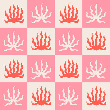 Retro seamless pattern with abstract organic coral shapes. Checkered vector flat background. Wavy seaweed inspired motif