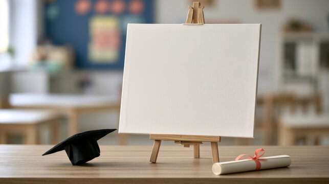 Blank graduation sign on wooden easel with diploma and mortarboard cap in a bright classroom setting