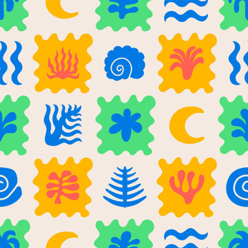 Geometric seamless pattern with silhouette organic shapes and plants. Vector flat checkered patchwork background with summer tropical leaves and seashells
