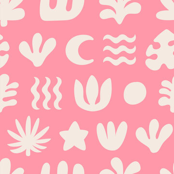 Seamless pattern with various abstract organic shapes. Hand drawn silhouettes of plants, waves and leaves. Vector flat background