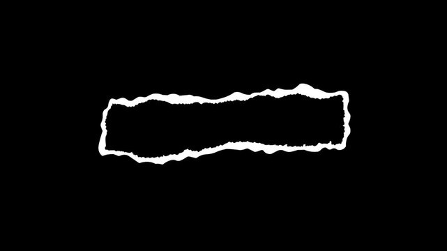 Torn paper animation, rectangular frame with torn paper edges, tear line, cartoon style, black background, 4K video.
