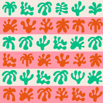 Seamless vector pattern with colorful abstract organic shapes. Hand drawn silhouettes of plants, palms and leaves on striped background