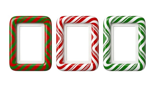 Three candy cane picture frames isolated on white background