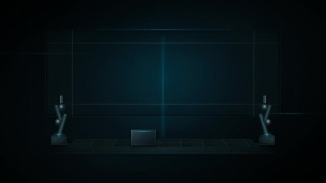 Futuristic Industrial Automation Background Loop with Robotic Arms and Digital HUD Interface, Cyberpunk Smart Factory Manufacturing Line Motion Graphics