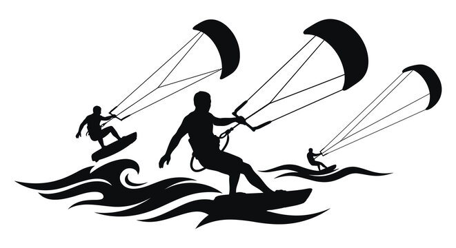 Kitesurfers riding waves with kites black silhouette