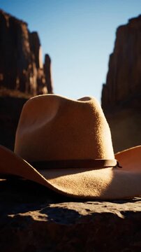 Cowboy hat on a rock in a desert canyon, western landscape at sunset with soft golden light.