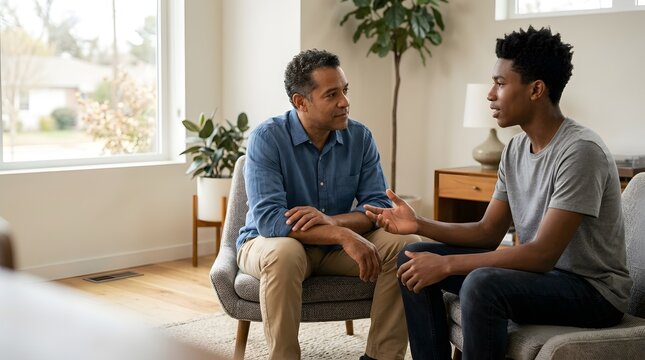 Father, son and talking in living room for advice, support and communication. Black man, teenager and conversation at home with parenting, listening and bonding for family relationship growth