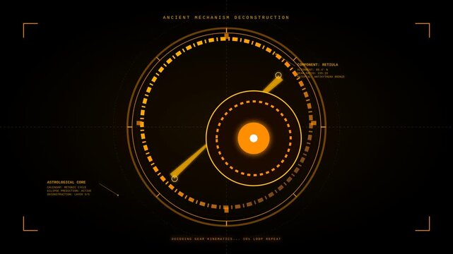 Futuristic HUD Interface Showing Ancient Astronomical Gear Mechanism Deconstruction Data Overlay