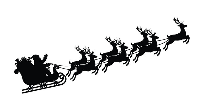 Santa claus and reindeer pulling a sleigh black silhouette