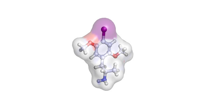 DOI (2,5-dimethoxy-4-iodoamphetamine), synthetic psychedelic phenethylamine and potent serotonin 5-HT2A/2C receptor agonist used in neuroscience research, 3D molecule 4K