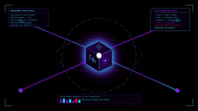Futuristic SciFi Containment Field Animation with Rotating Energy Cube and Glowing Runic Symbols
