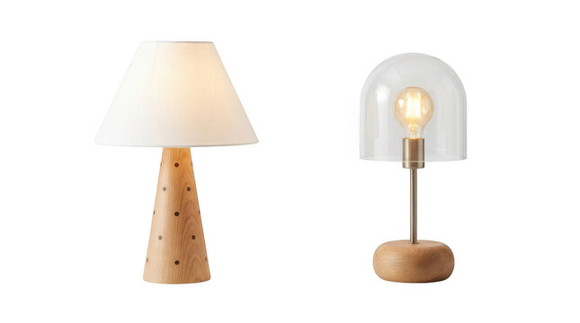 Two modern table lamps with wooden bases isolated on transparent background