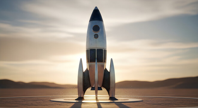 Cinematic Retro Rocket Ship Ready for Launch in Desert at Sunset